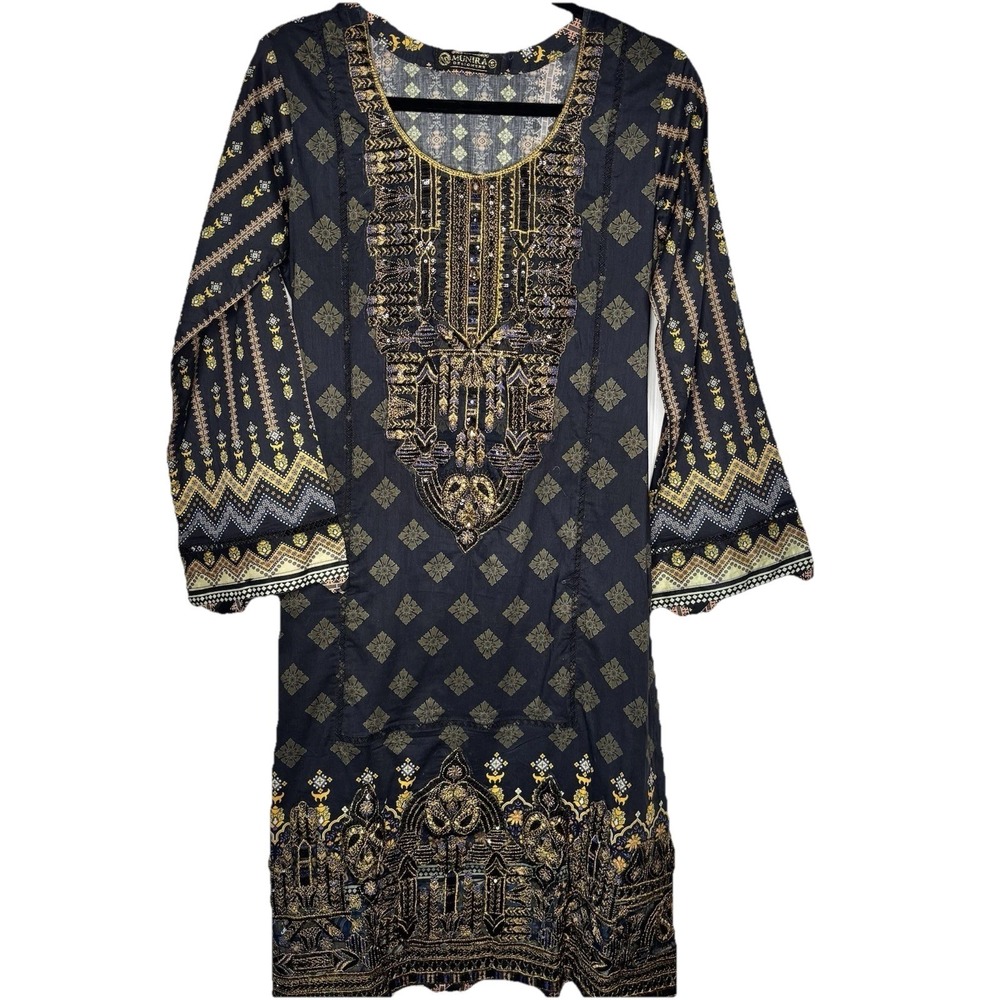 Munira Designs Dress Small Black Jeweled Beaded Embroidery Bell Sleeve Pakistani